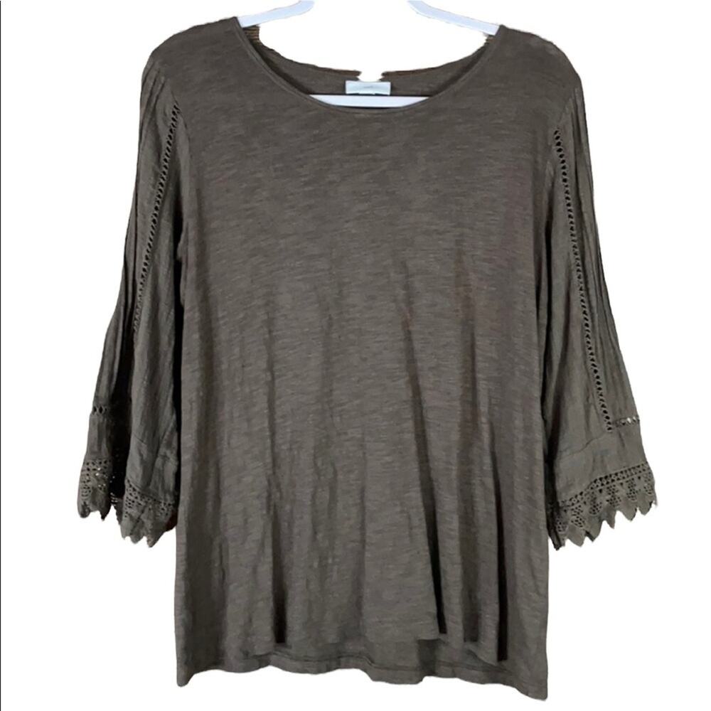 J. Jill Pintucked Lace Cropped Sleeve Top Solid Brown SZ Medium